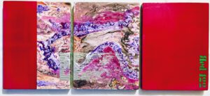 3-teilige Arbeit in Magenta, Red 122.Öl auf Holz. Größe: 40 x 94 x 3 cm. 11/2021